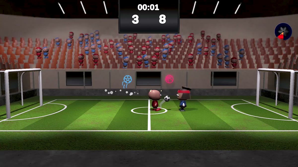 Headball Heroes oynanış karesi: stadyumda iki karakter ve skor tabelası
