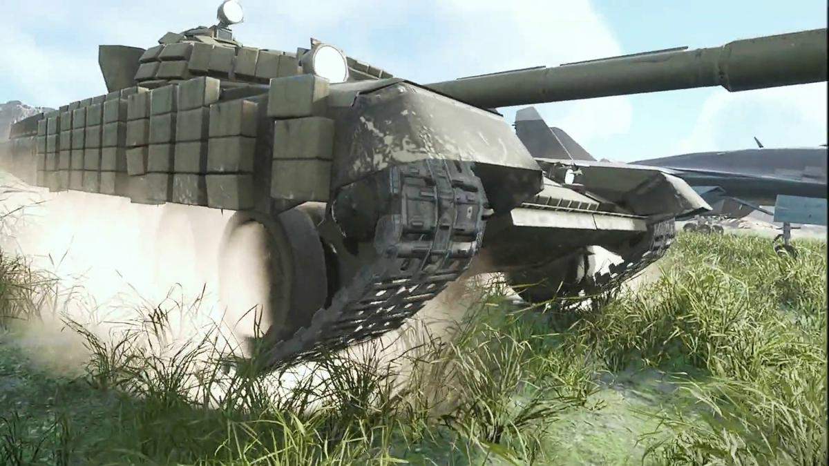 Simülatörden kare: tank ve arka planda savaş uçakları
